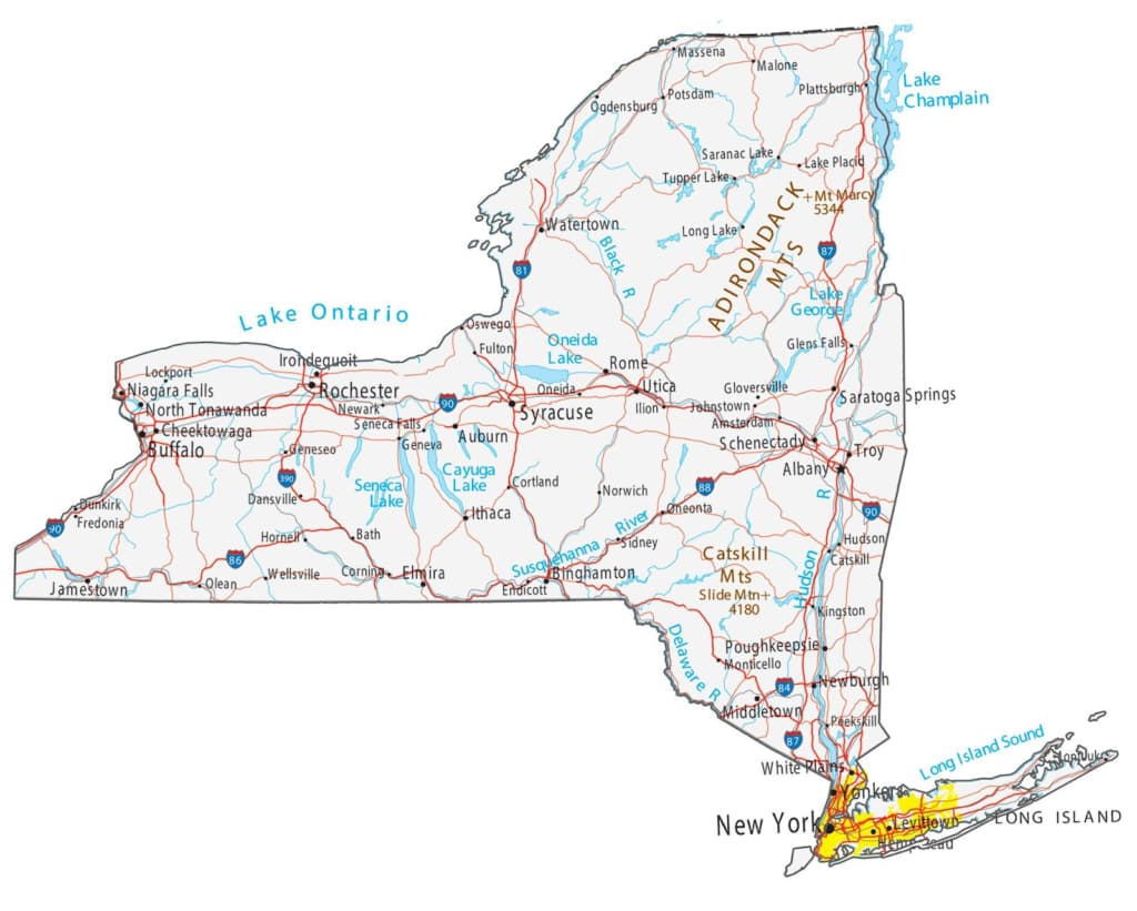 A detailed map of the state of New York with towns