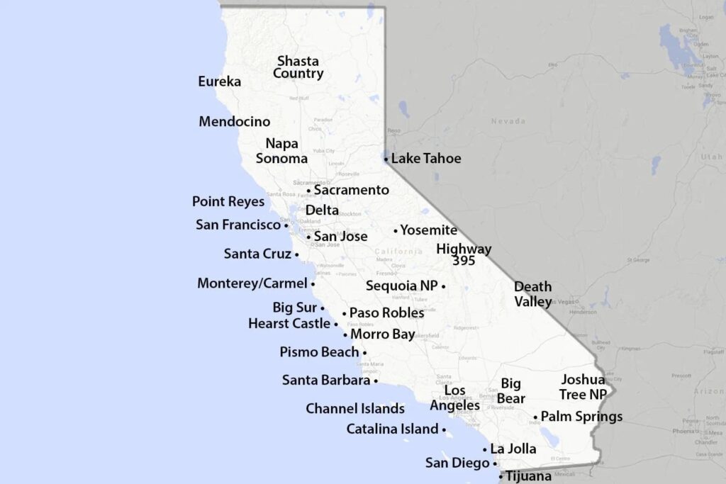 Map of the State of California with city names