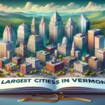 Open book with a city and the inscription "8 Largest Cities in Vermont"